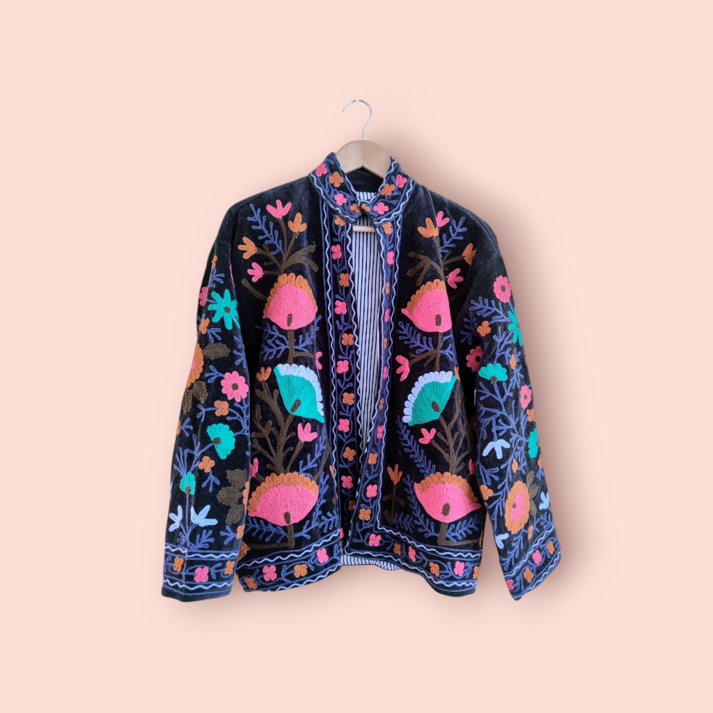 Suzani Velvet jasje donkerblauw - roze