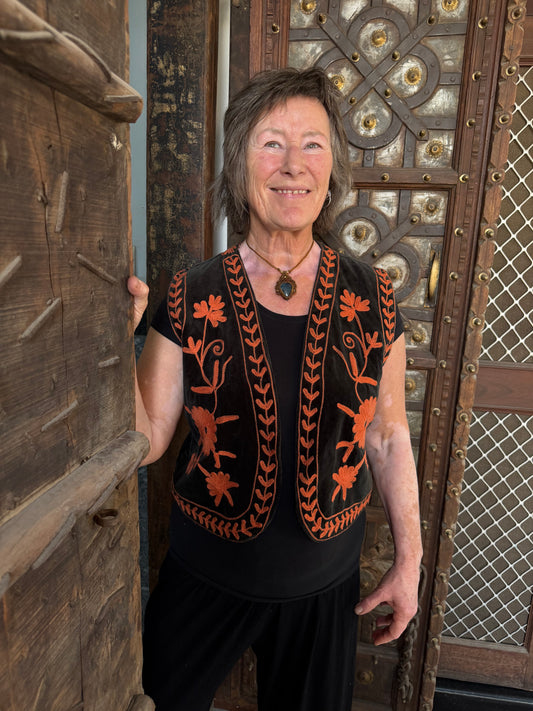 Suzani velvet gilet oranje/donkergroen