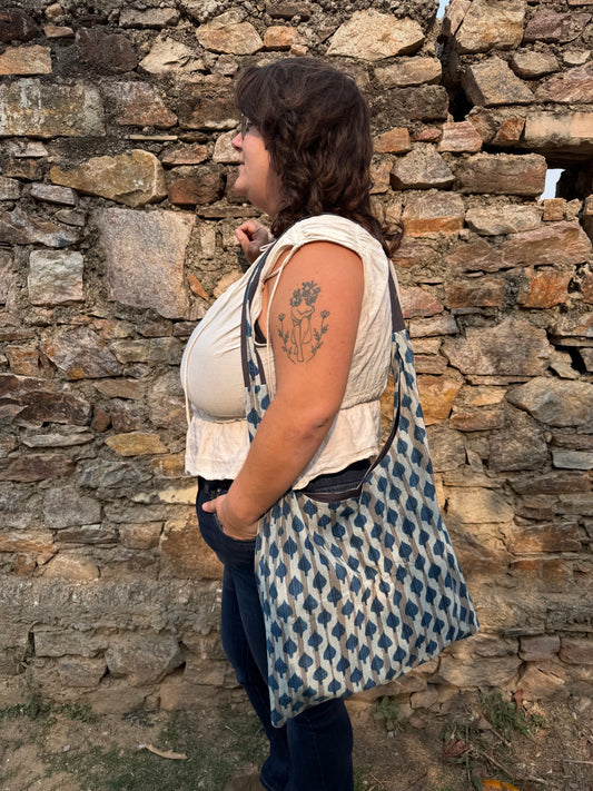 Kantha tas blauw/creme