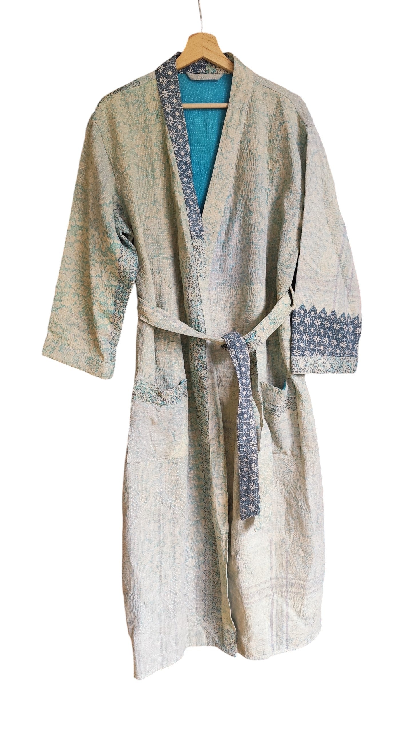 Kantha jas lang grijs donkerblauw