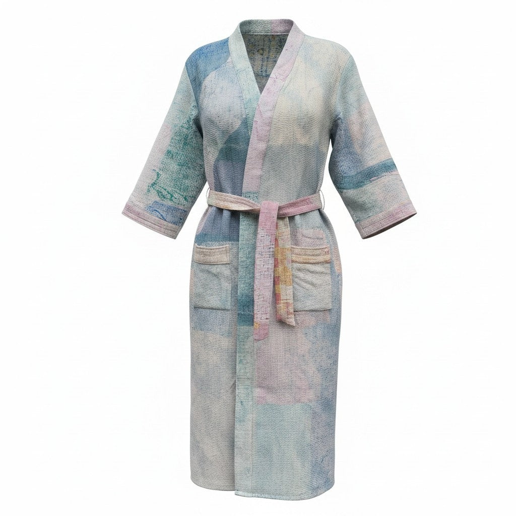 Kantha jas lang grijs, roze, turquoise