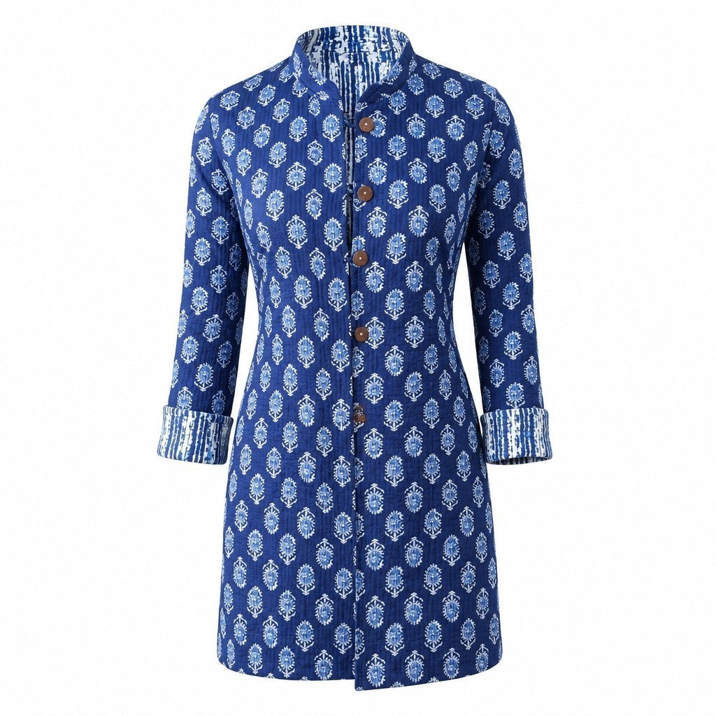 Lange katoenen jas blauw wit