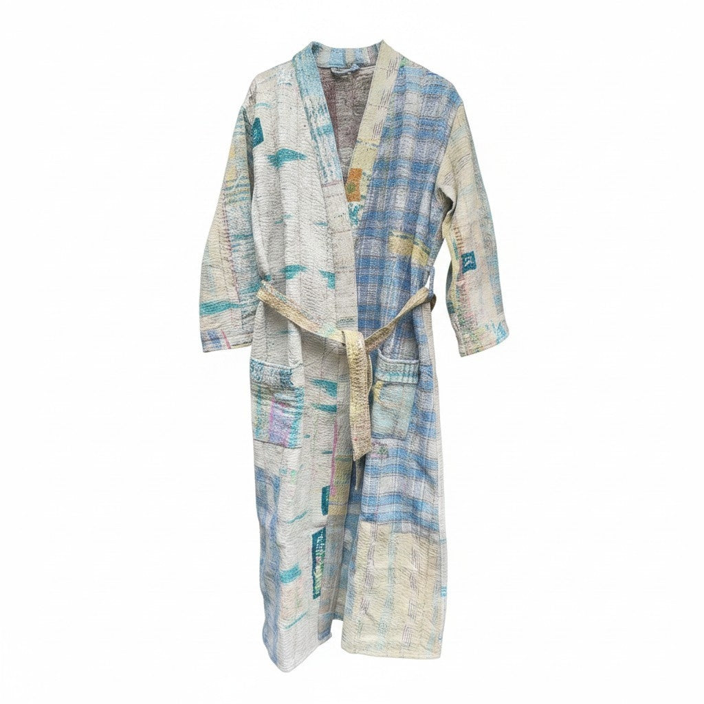 Kantha jas lang blauw geruit met beige