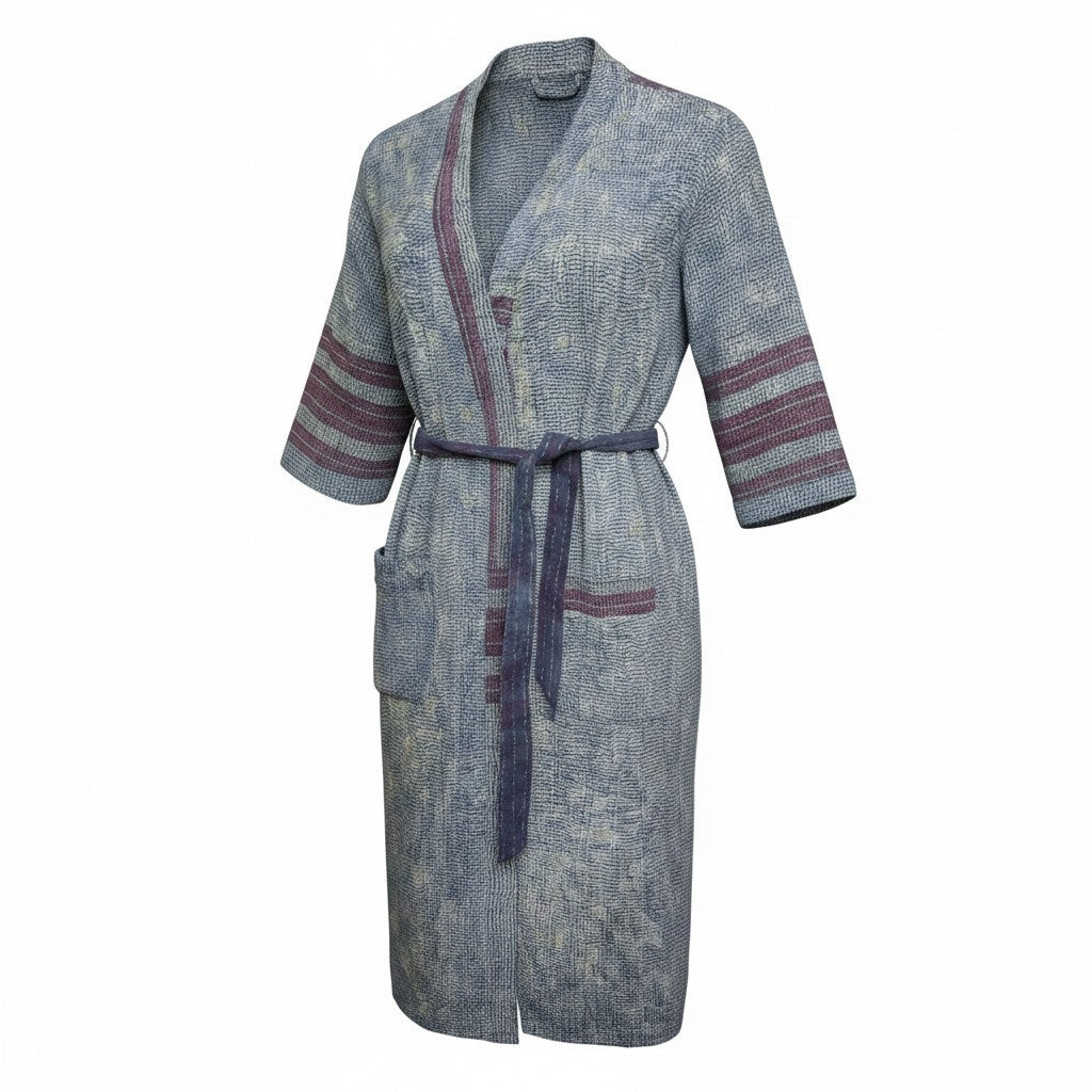 Kantha jas lang grijs donkerrood