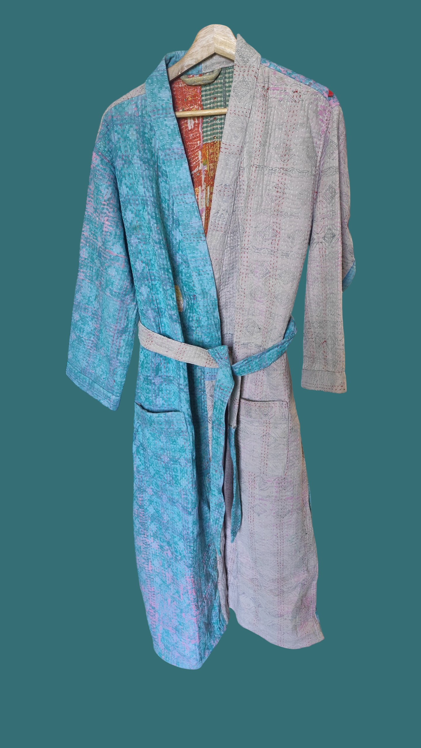 Kantha jas lang grijs turquoise