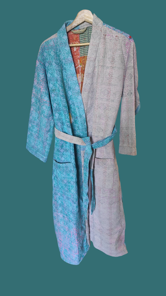Kantha jas lang grijs turquoise