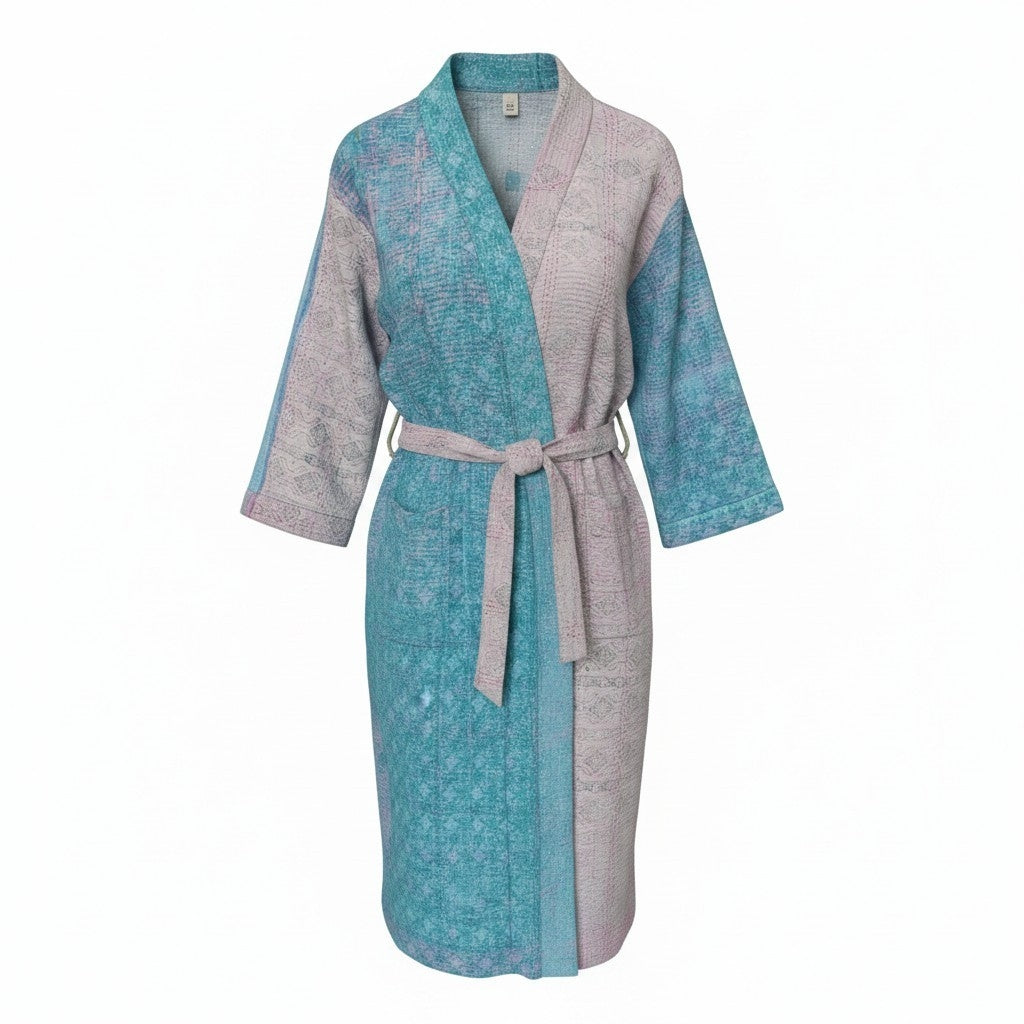 Kantha jas lang grijs turquoise