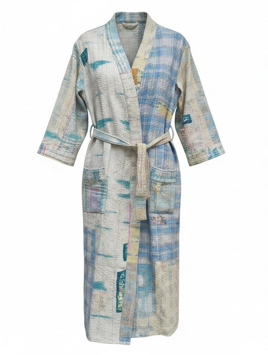 Kantha jas lang blauw geruit met beige