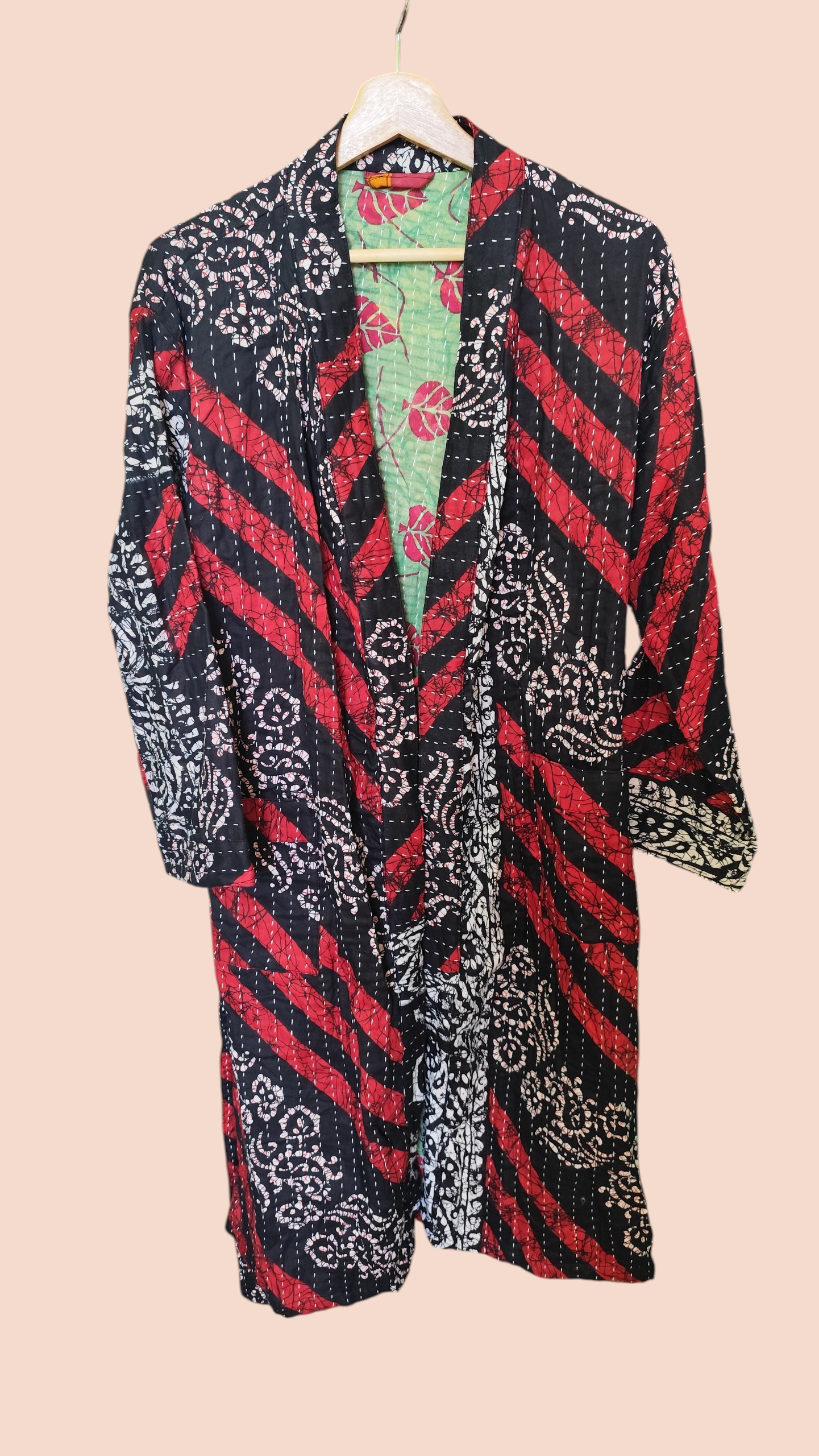 Kantha jas lang zwart rood