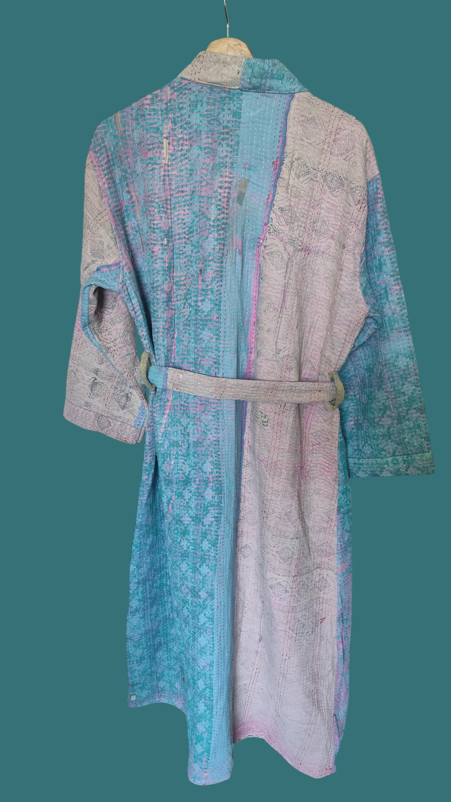Kantha jas lang grijs turquoise